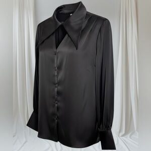 Elegant Black Satin Cut Out Neck Exaggerated  Collar Blouse NWOT